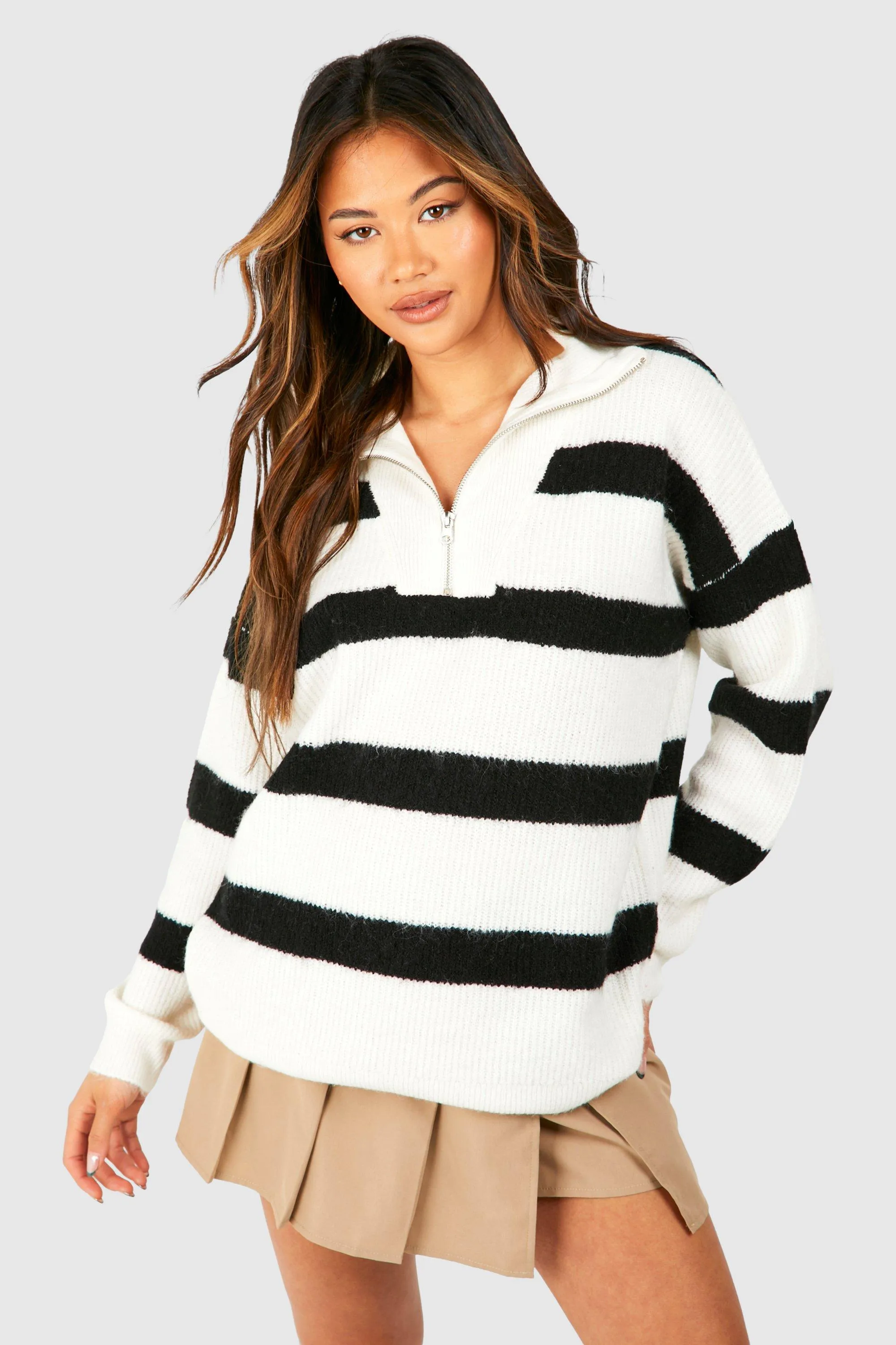 Half Zip Funnel Neck Stripe Sweater