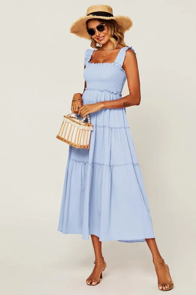 Hem Detail Tiered Maxi Dress In Light Blue