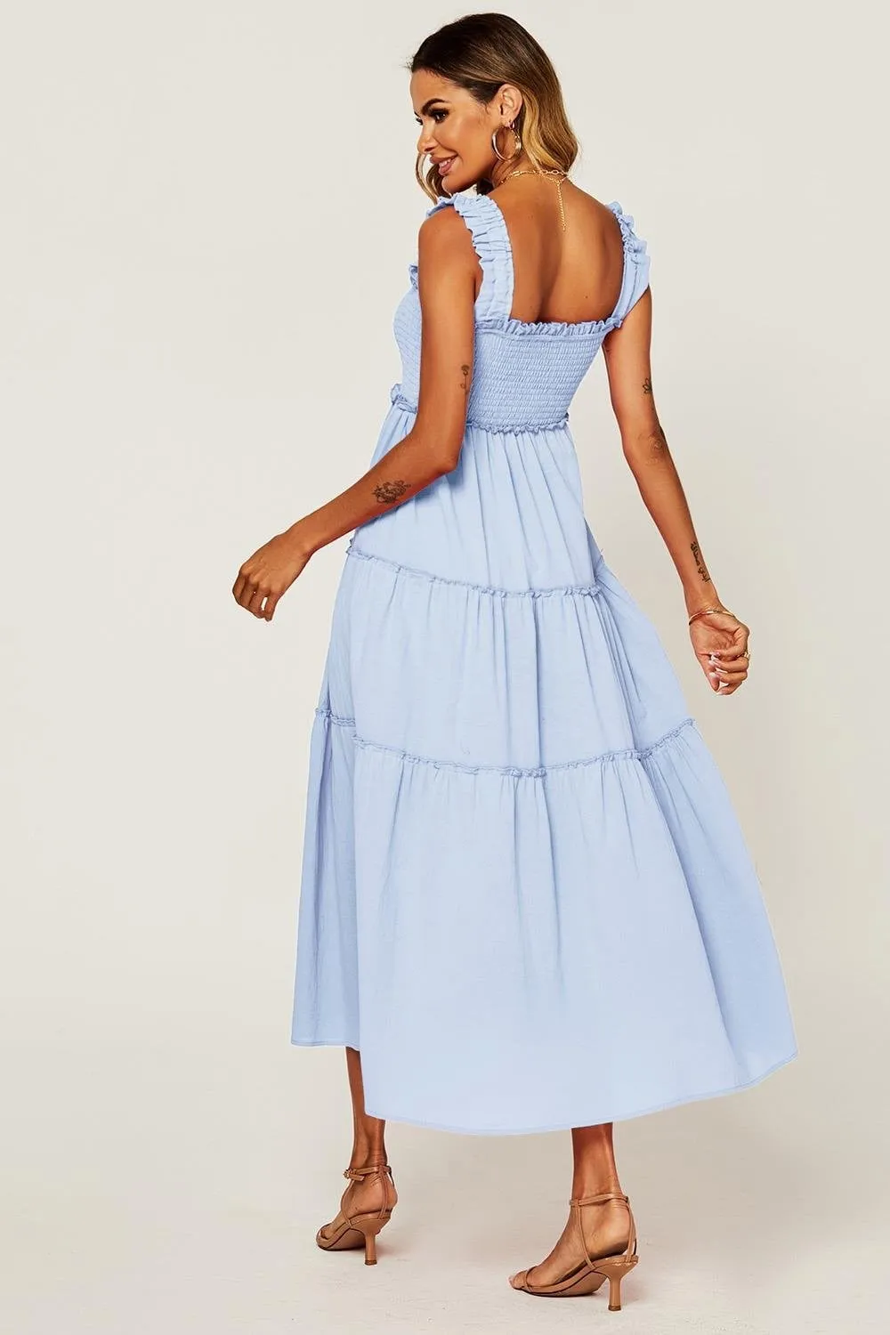 Hem Detail Tiered Maxi Dress In Light Blue