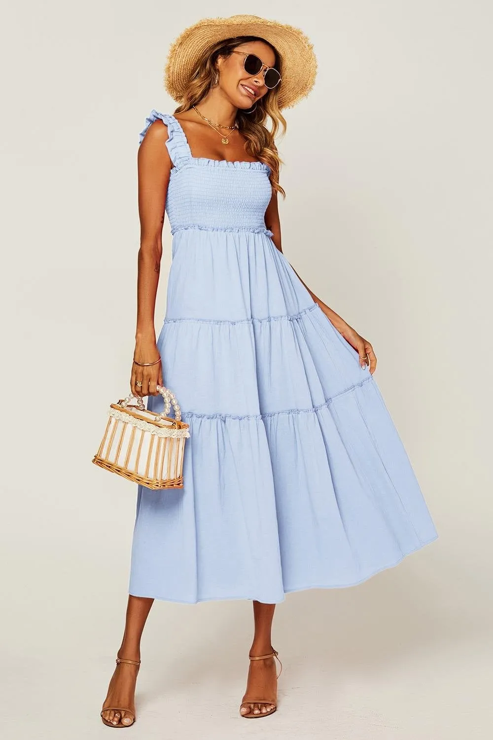 Hem Detail Tiered Maxi Dress In Light Blue