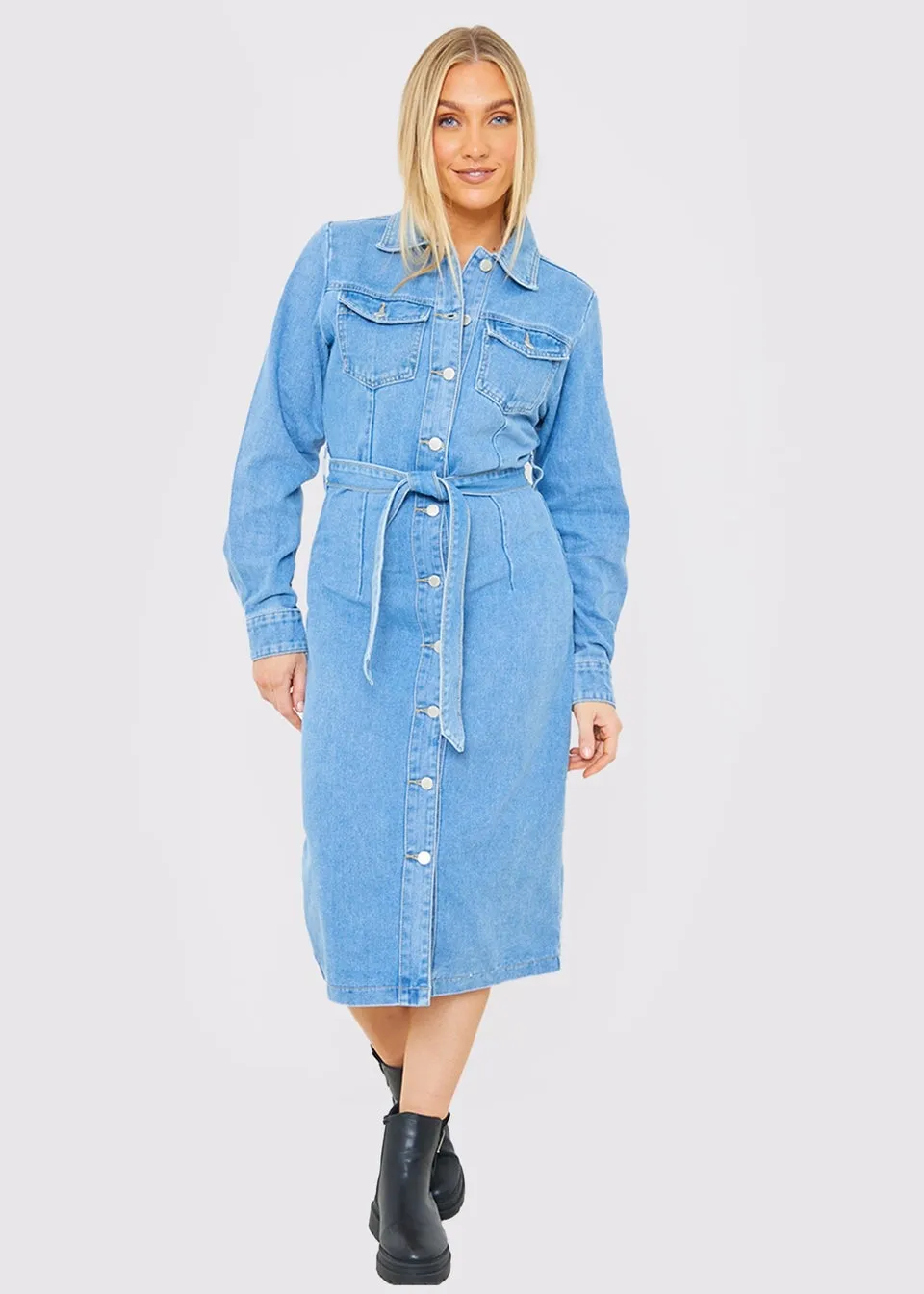 In The Style Light Blue Denim Midi Dress