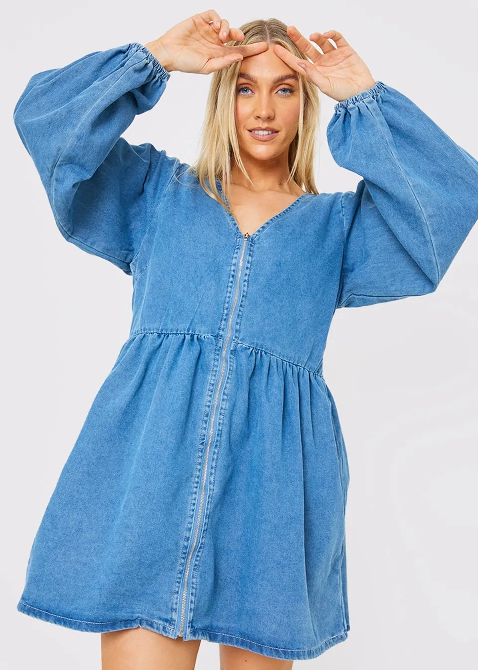 In The Style Light Blue V Neck Denim Dress