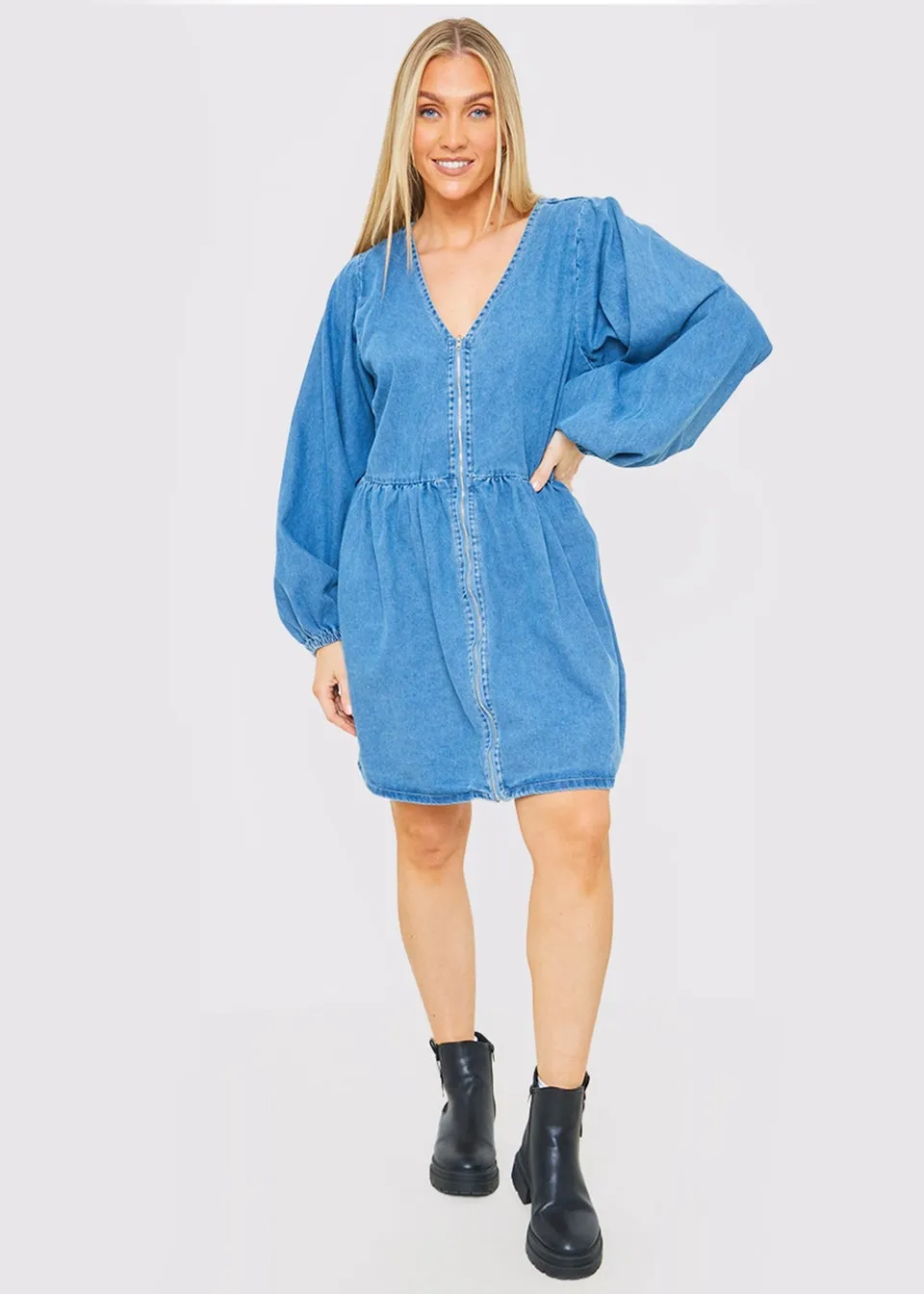 In The Style Light Blue V Neck Denim Dress