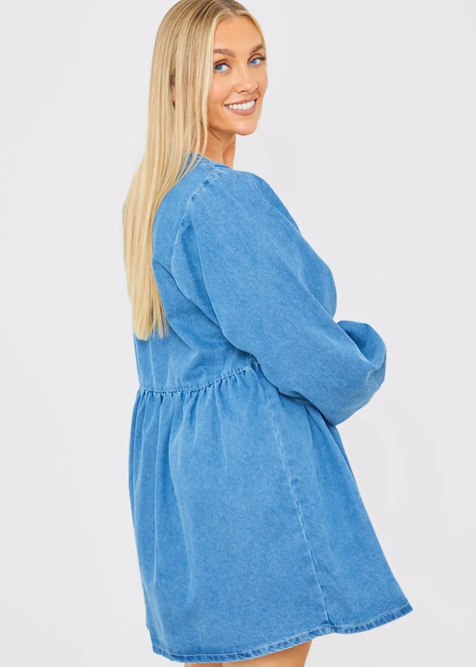 In The Style Light Blue V Neck Denim Dress