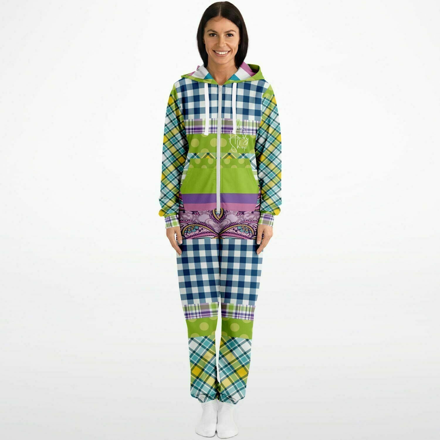 Kaleido-Scape Purple Plaid Patchwork Fleece Unisex Romper