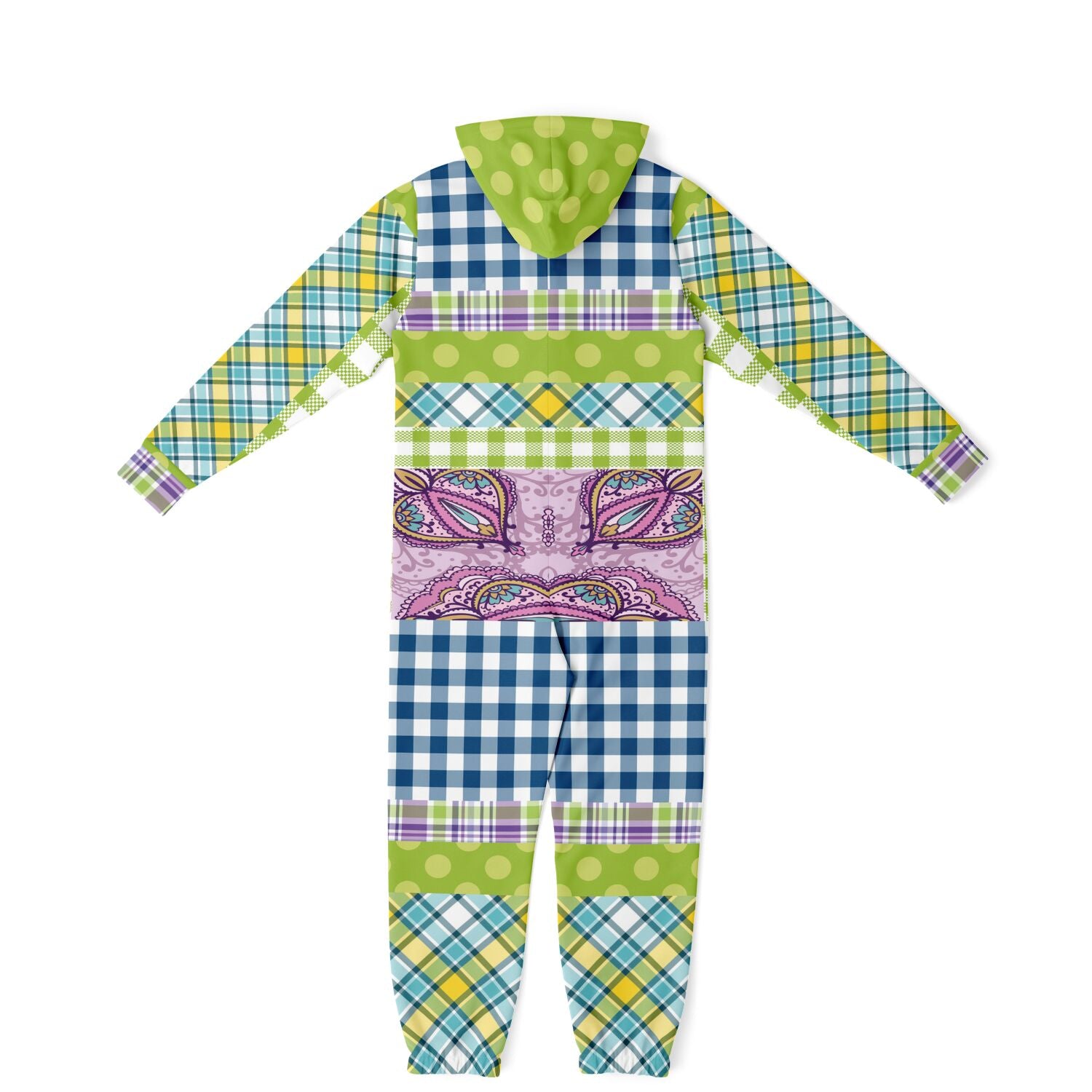 Kaleido-Scape Purple Plaid Patchwork Fleece Unisex Romper