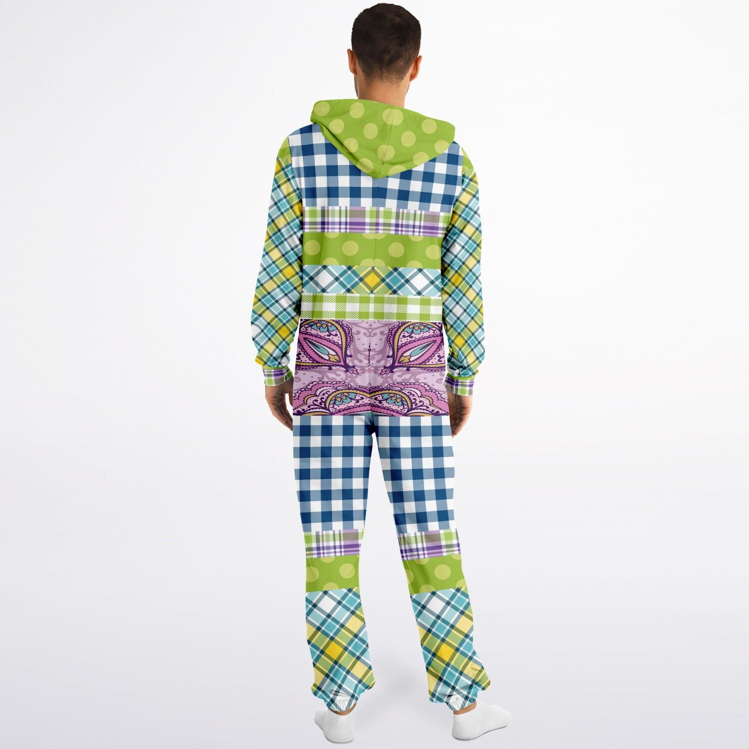 Kaleido-Scape Purple Plaid Patchwork Fleece Unisex Romper