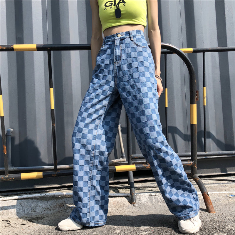 KOREAN RETRO PLAID LOOSE JEANS BY63099