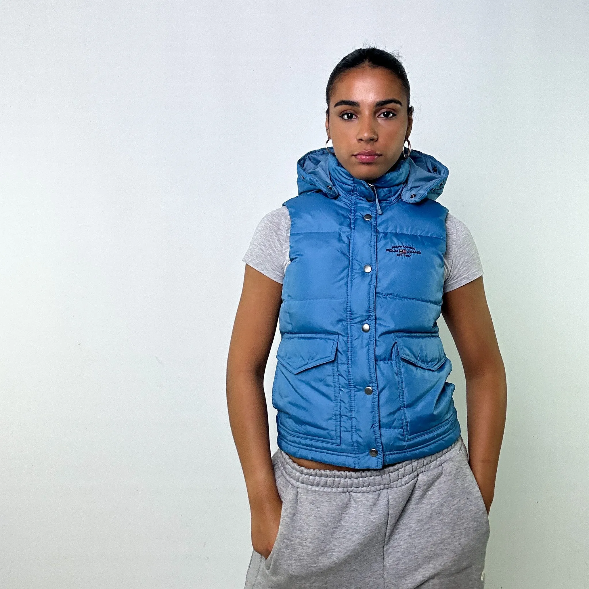 Light Blue 90s Polo Jeans Ralph Lauren Puffer Jacket Coat Gilet (S)