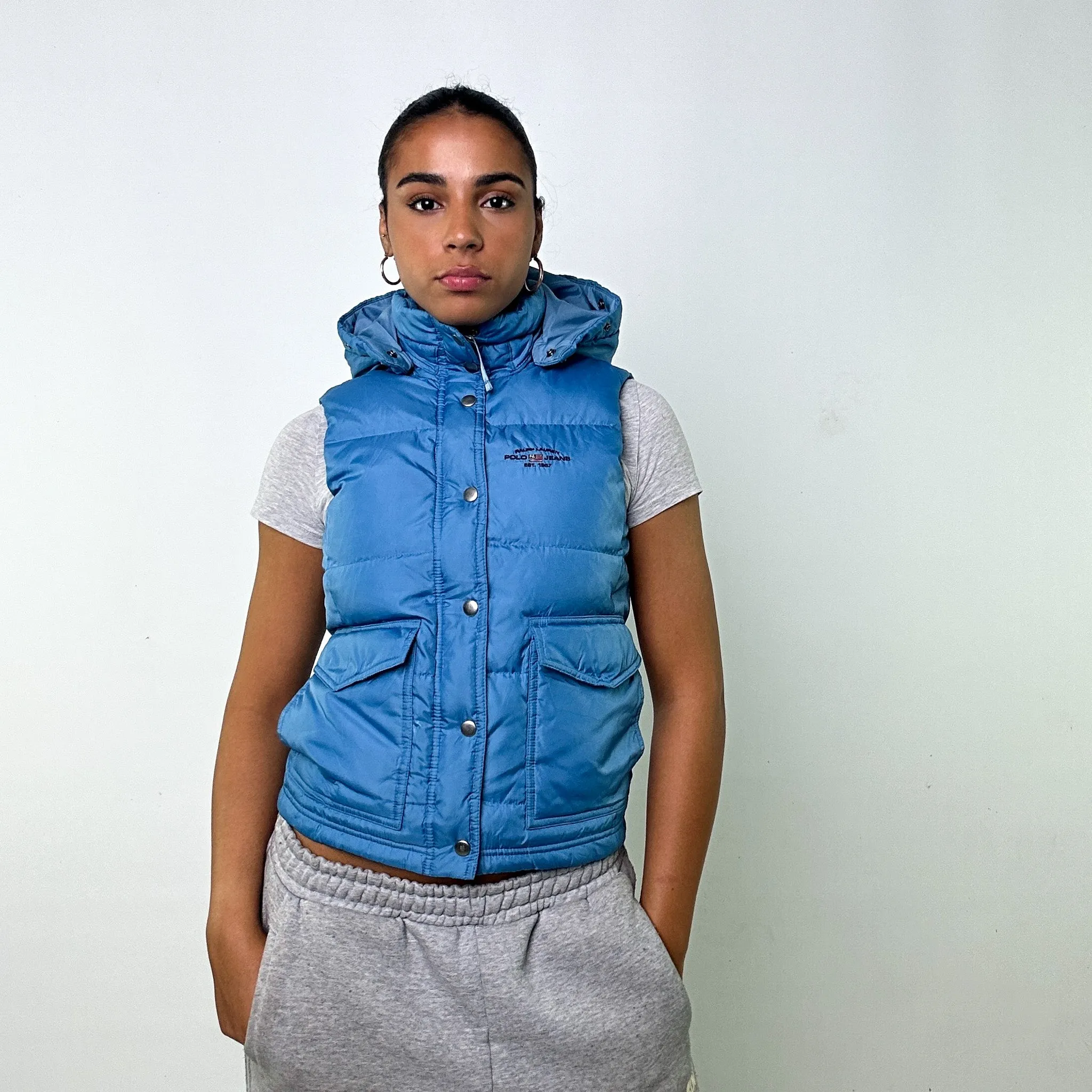 Light Blue 90s Polo Jeans Ralph Lauren Puffer Jacket Coat Gilet (S)