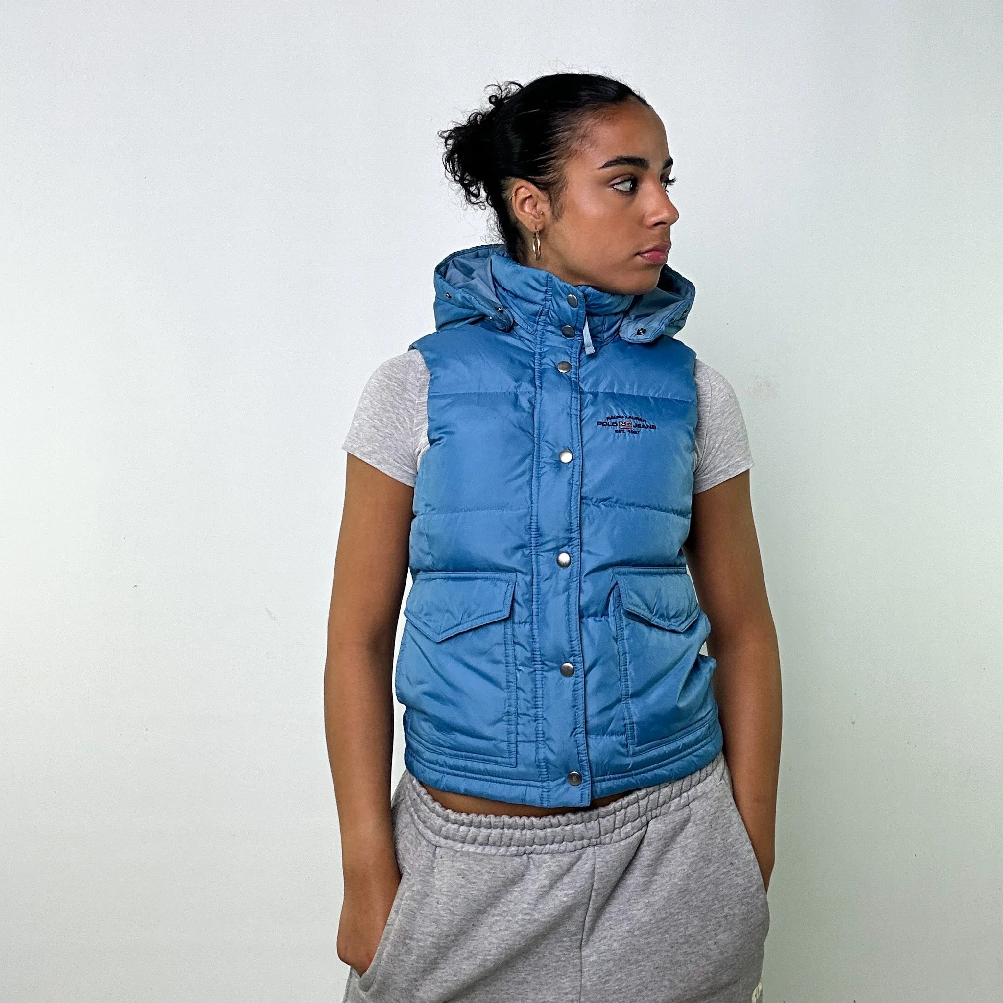 Light Blue 90s Polo Jeans Ralph Lauren Puffer Jacket Coat Gilet (S)