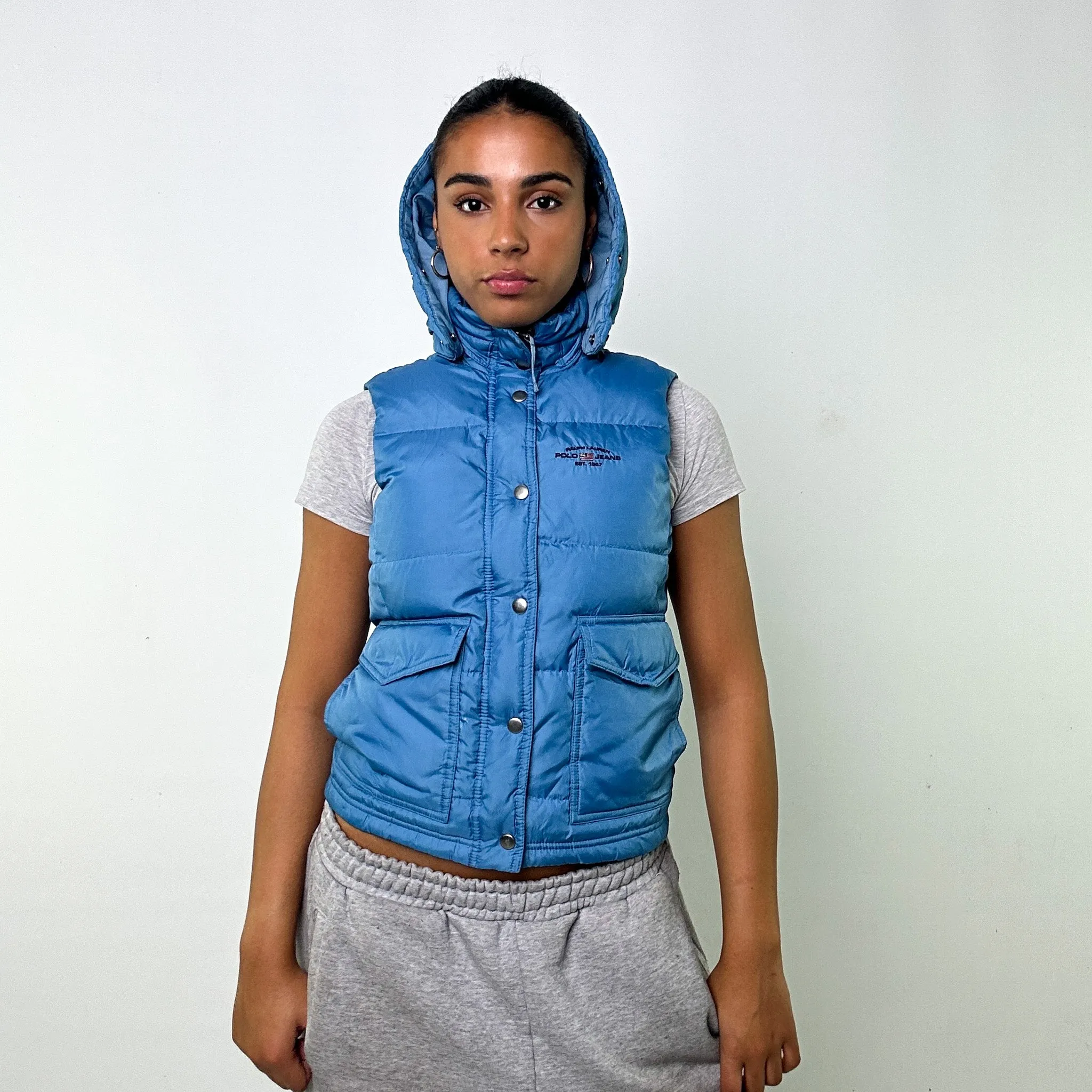 Light Blue 90s Polo Jeans Ralph Lauren Puffer Jacket Coat Gilet (S)