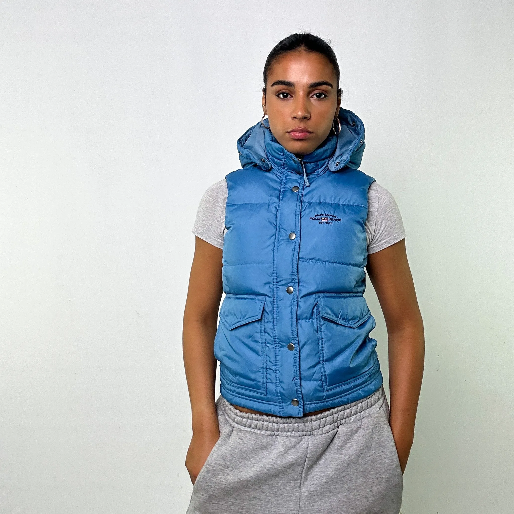 Light Blue 90s Polo Jeans Ralph Lauren Puffer Jacket Coat Gilet (S)