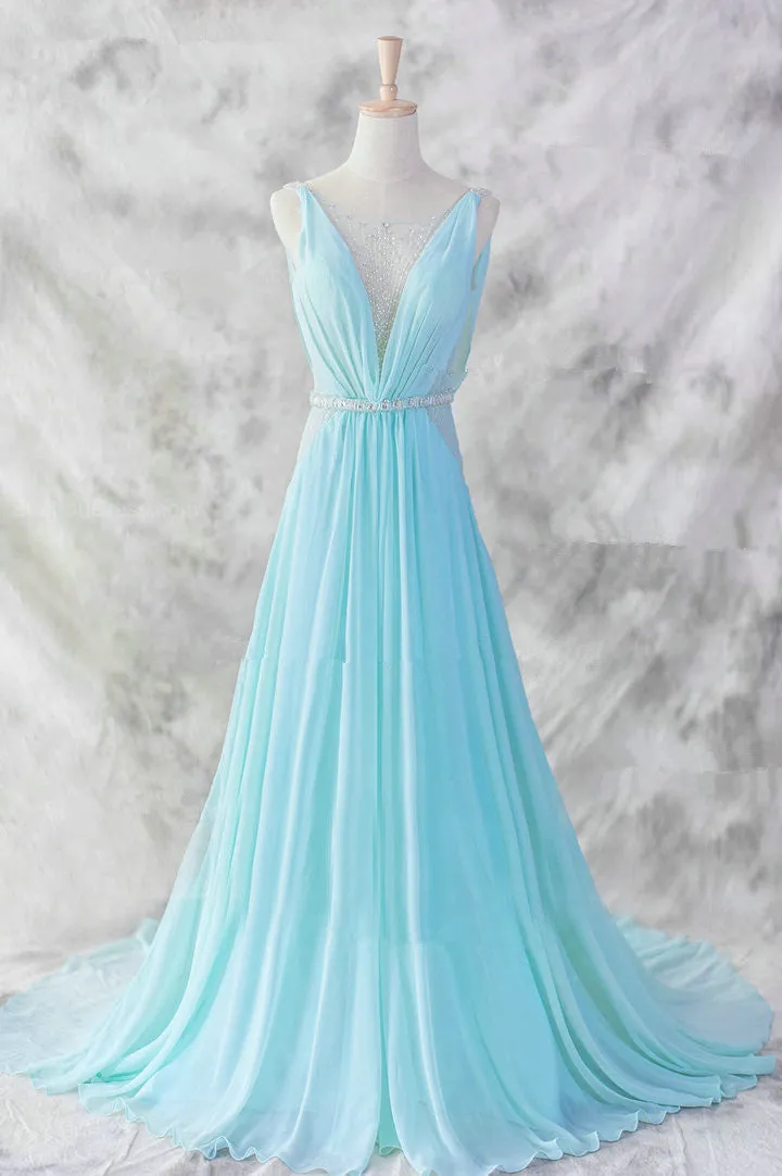 Light Blue Chiffon Long Evening Dress, Blue Beaded Waist Wedding Party Dress