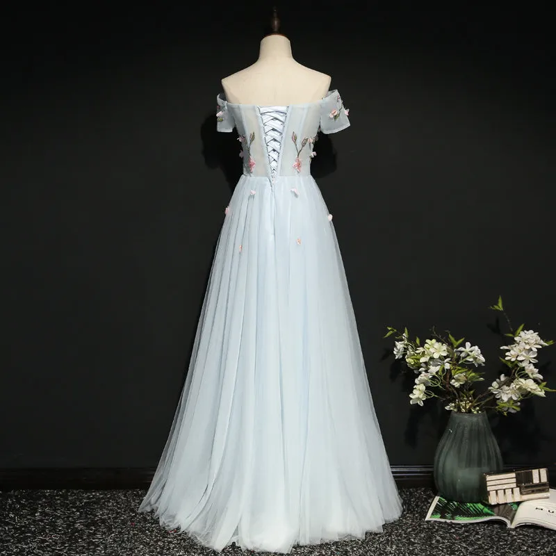 Light Blue Off Shoulder A-line Flower Party Dress, New Prom Dress