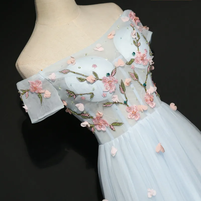 Light Blue Off Shoulder A-line Flower Party Dress, New Prom Dress