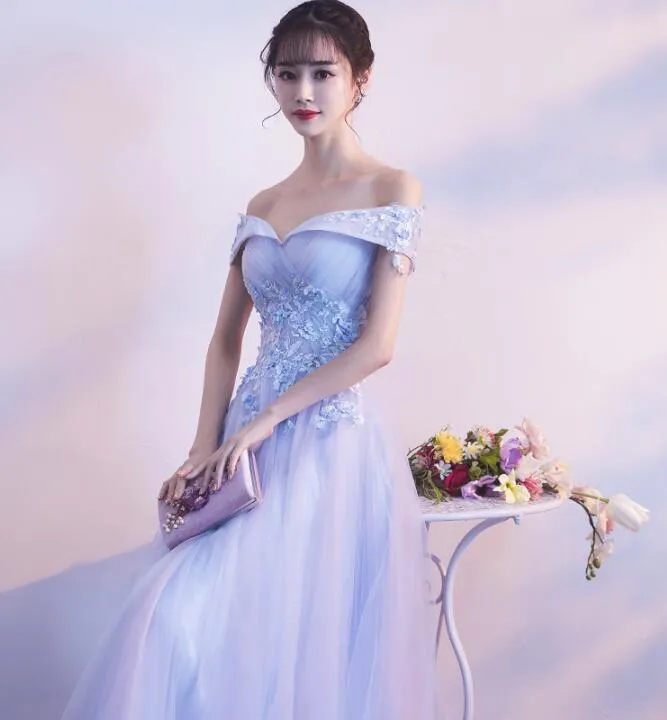 Light Blue Off Shoulder Long Formal Dress , A-line Prom Dress