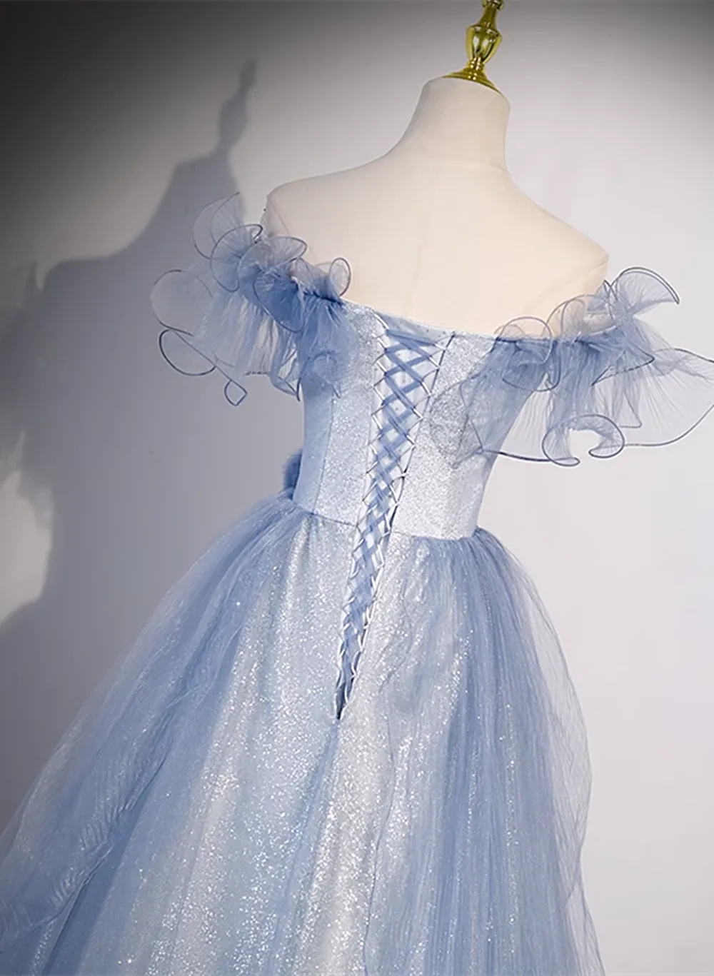 Light Blue Off Shoulder Tulle Sweetheart Formal Dress, Light Blue A-line Prom Dress