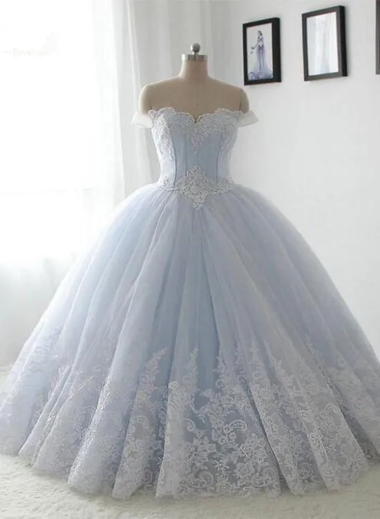 Light Blue Princess Ball Gown Sweet 16 Gown, Tulle Formal Dress with Lace Applique