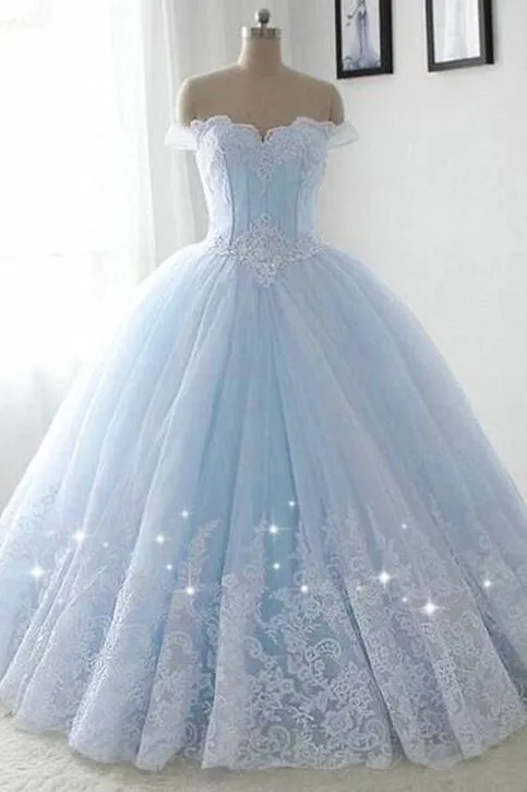 Light Blue Princess Ball Gown Sweet 16 Gown, Tulle Formal Dress with Lace Applique