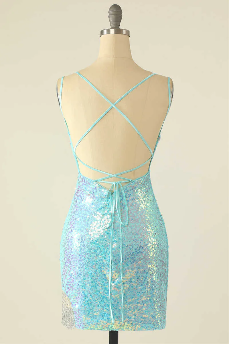 Light Blue Sequin Lace-Up Mini Homecoming Dress