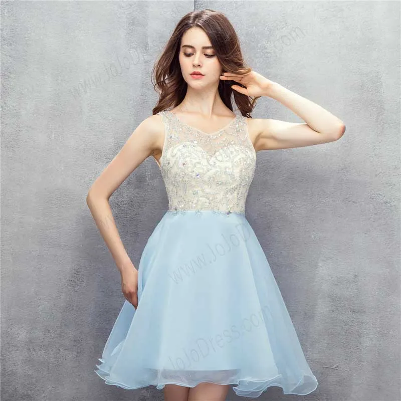 Light Blue Short Organza Cocktail Dress with Lace Top EN1008