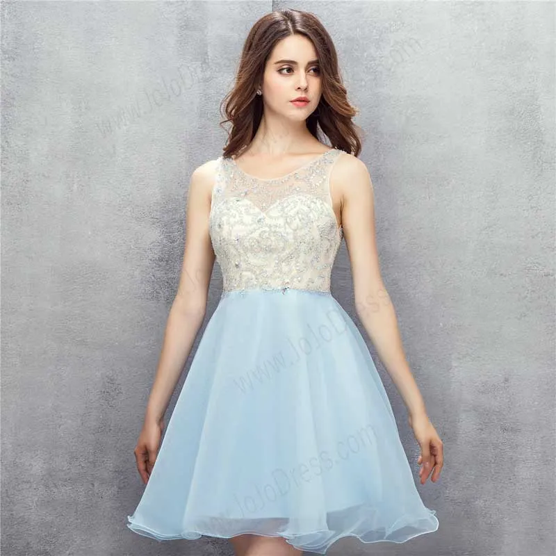 Light Blue Short Organza Cocktail Dress with Lace Top EN1008