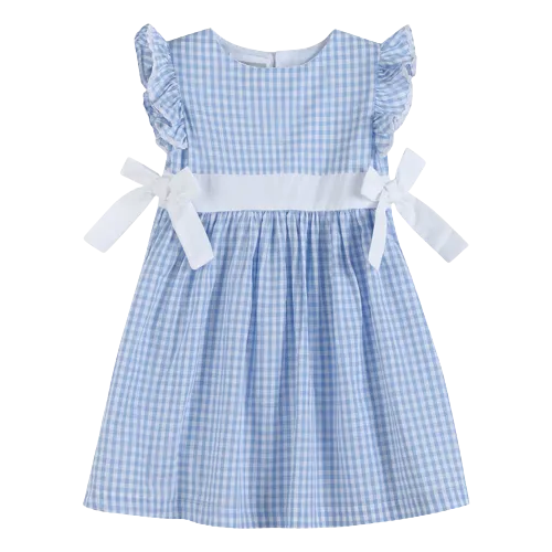 Light Blue Striped Gingham Ruffle Bow Dress