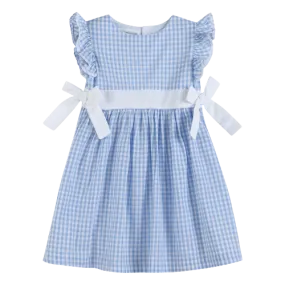 Light Blue Striped Gingham Ruffle Bow Dress