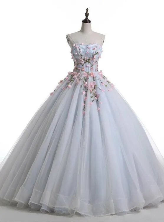 Light Blue Sweethart Flowers Ball Gown Formal Dress, Blue Sweet 16 Dress