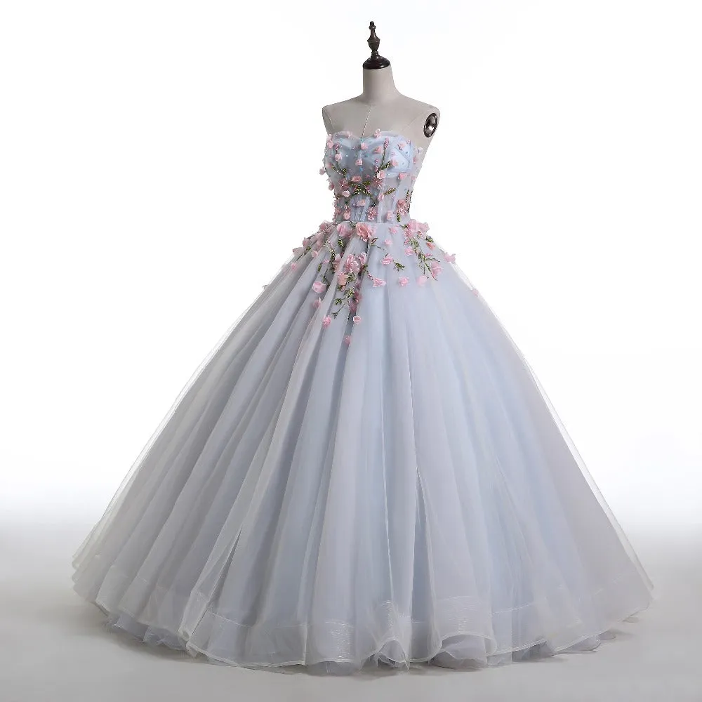 Light Blue Sweethart Flowers Ball Gown Formal Dress, Blue Sweet 16 Dress