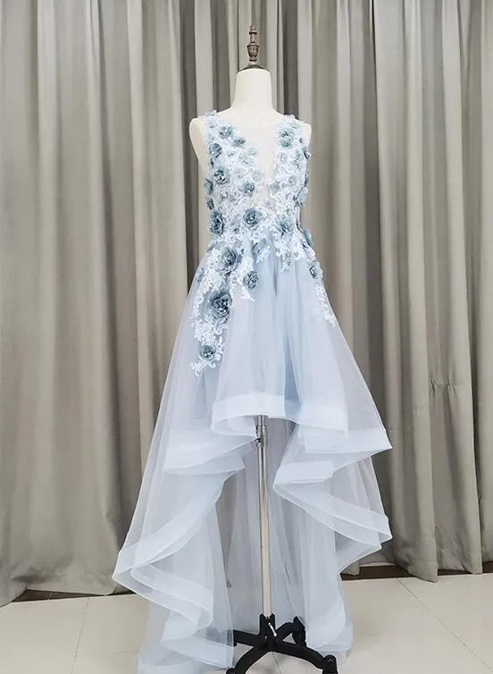 Light Blue Tulle Flowers High Low New Party Dress , Blue Prom Dress