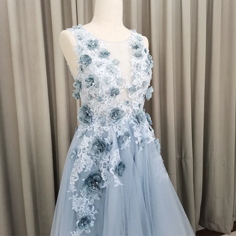 Light Blue Tulle Flowers High Low New Party Dress , Blue Prom Dress