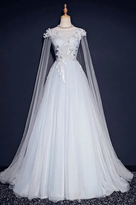 Light Blue Tulle Long Party Gown with Lace Applique, Unique Long Prom Dress