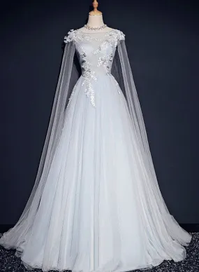 Light Blue Tulle Long Party Gown with Lace Applique, Unique Long Prom Dress