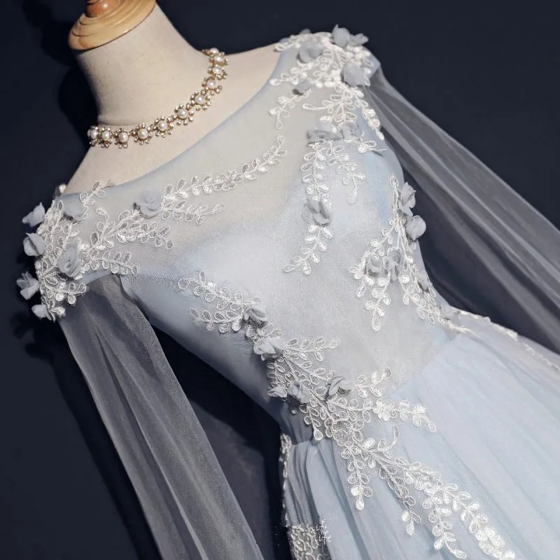 Light Blue Tulle Long Party Gown with Lace Applique, Unique Long Prom Dress