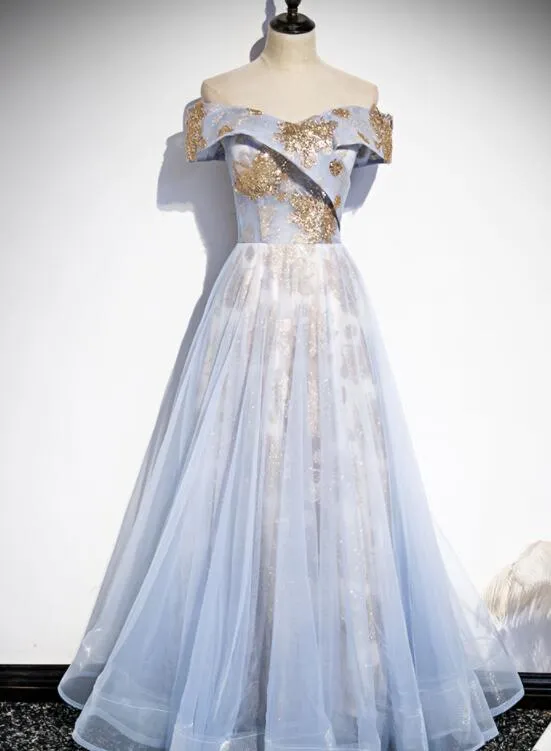 Light Blue Tulle with Gold Sequins Off Shoulder Prom Dress, Blue A-line Formal Dress Evening Dress