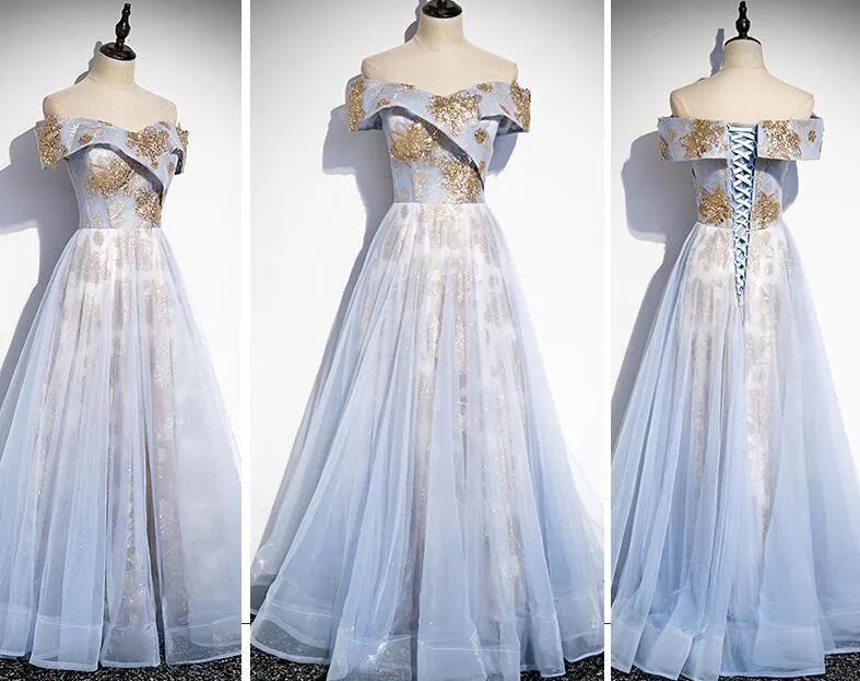 Light Blue Tulle with Gold Sequins Off Shoulder Prom Dress, Blue A-line Formal Dress Evening Dress