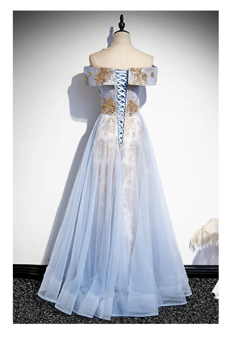 Light Blue Tulle with Gold Sequins Off Shoulder Prom Dress, Blue A-line Formal Dress Evening Dress