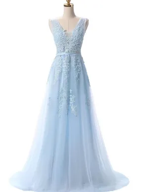 Light Blue V-neckline Long Lace Applique Prom Dress, Tulle Formal Dress Evening Dress