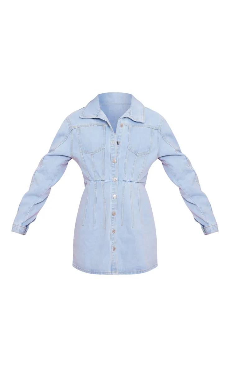 Light Blue Wash Seam Cinched Waist Denim Dress