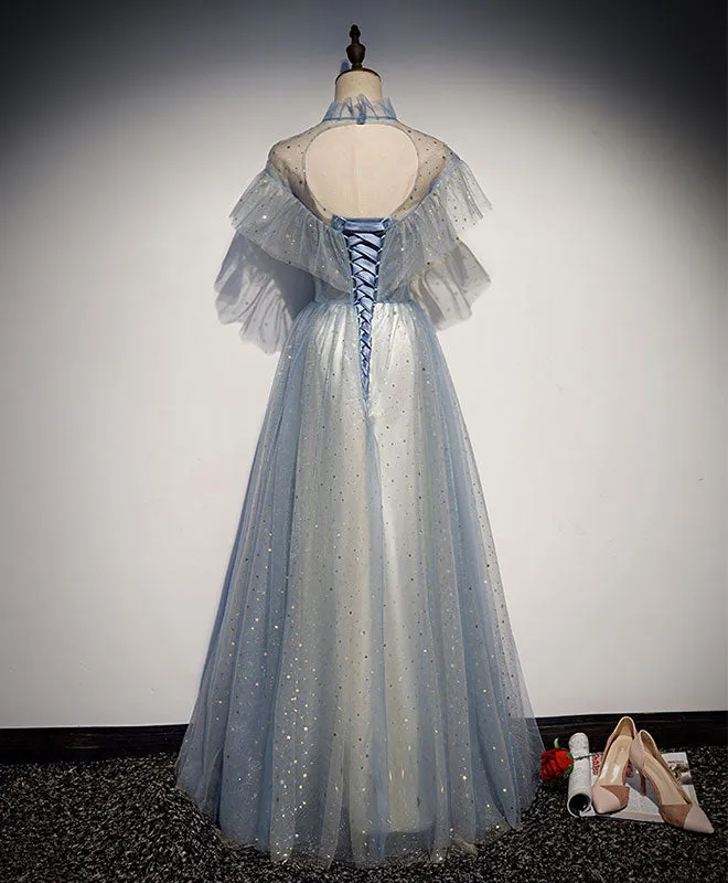 Light Gray Blue Tulle Lace Long Prom Dress, Gray Blue Tulle Evening Dress