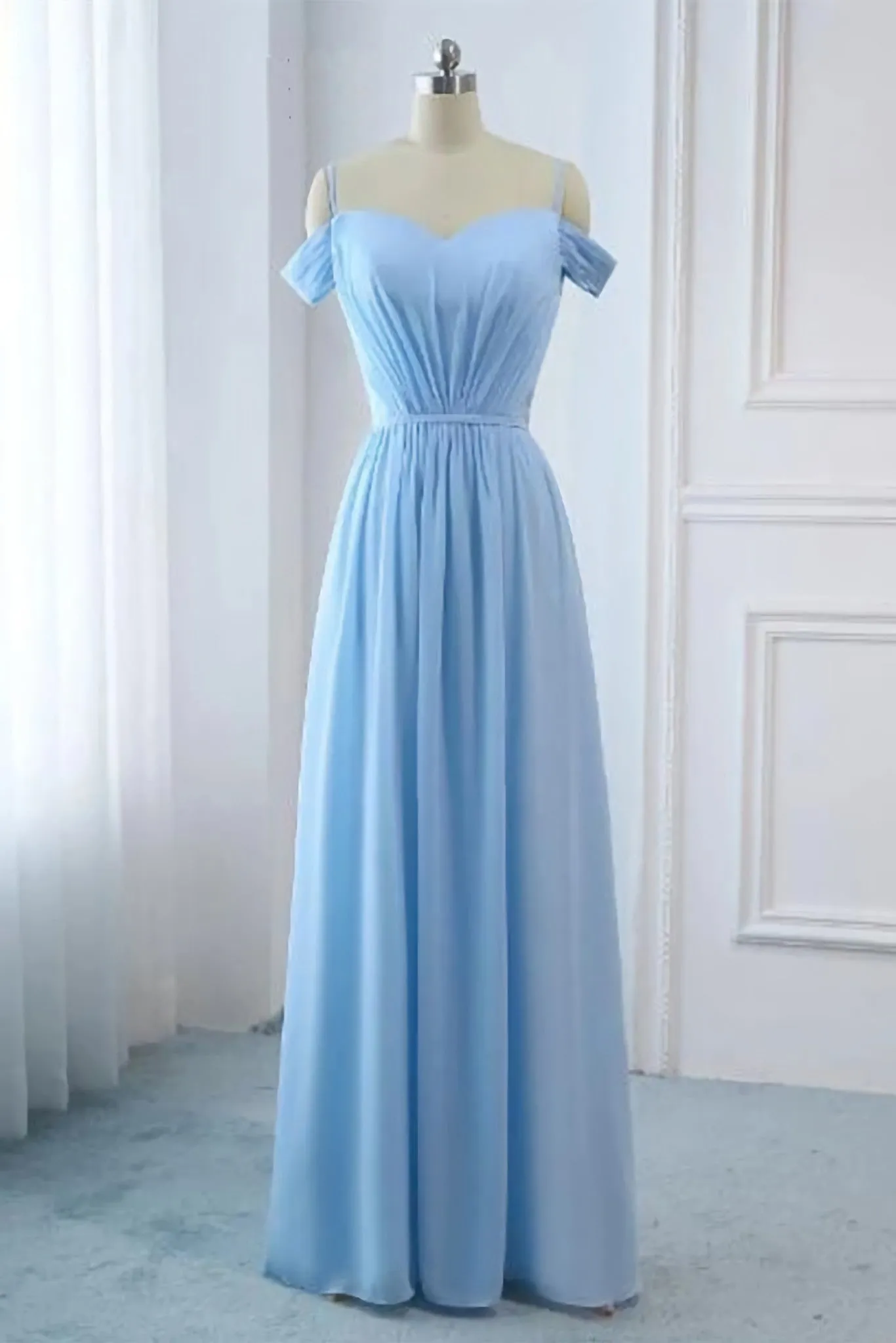 Light Sky Blue A Line Off The Shoulder Natural Waist Ruched Prom Dress, Lace Up Party Dress