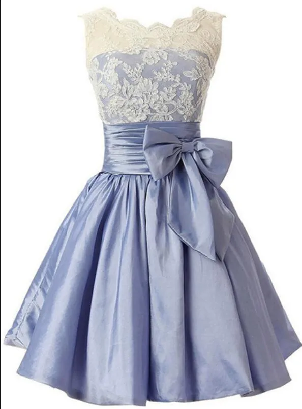 Lovely Light Blue Taffeta with Lace Applique Wedding Party Dress, Blue Bridesmaid Dress