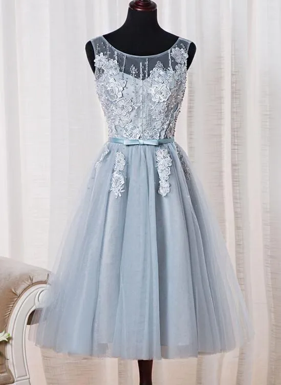 Lovely Light Blue Tulle Homecoming Dress, Cute Tea Length Party Dress