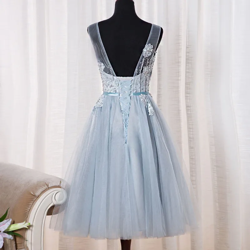 Lovely Light Blue Tulle Homecoming Dress, Cute Tea Length Party Dress