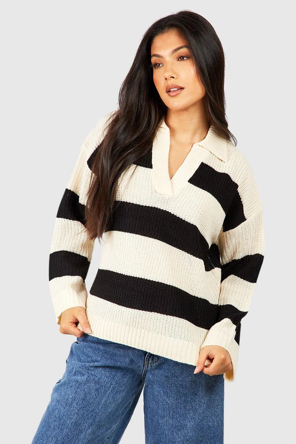 Maternity Collared Stripe Knitted Sweater