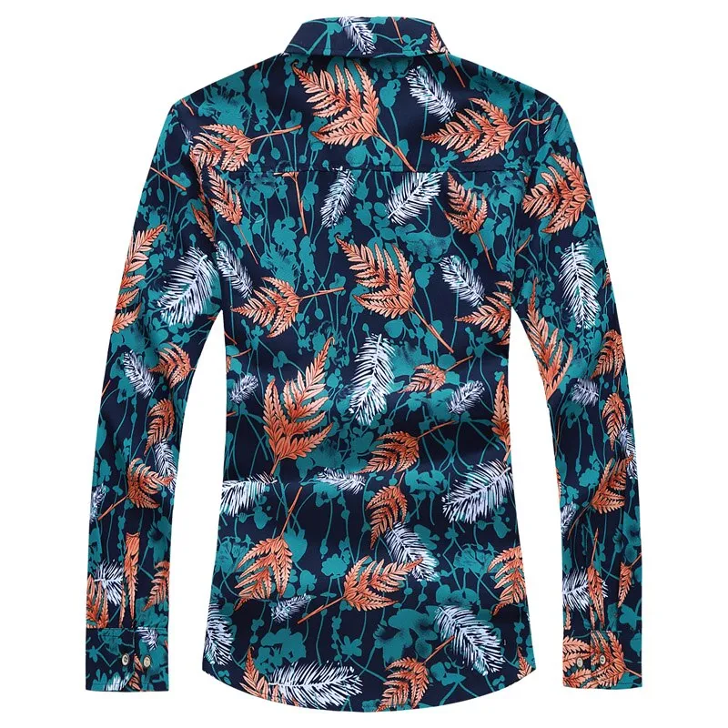 Men's Casual Navy Blue Leaf Printed Slim Fit Party Long Sleeve Shirt