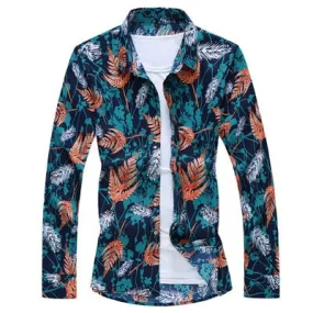 Men's Casual Navy Blue Leaf Printed Slim Fit Party Long Sleeve Shirt