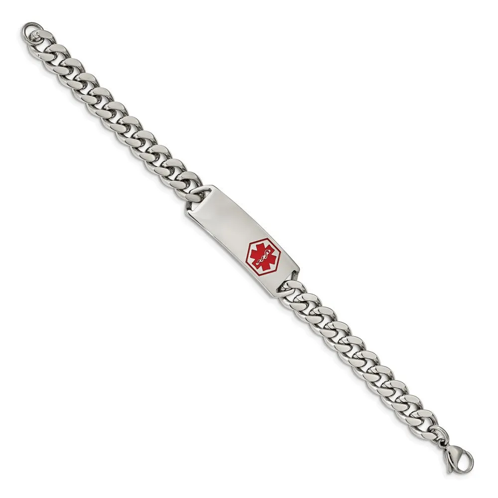 Men's Stainless Steel Red Enamel Medical I.D. Curb Bracelet, 8 Inch